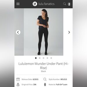 Lululemon Black Wunder Under Pant (Hi-Rise) Women’s Size 6